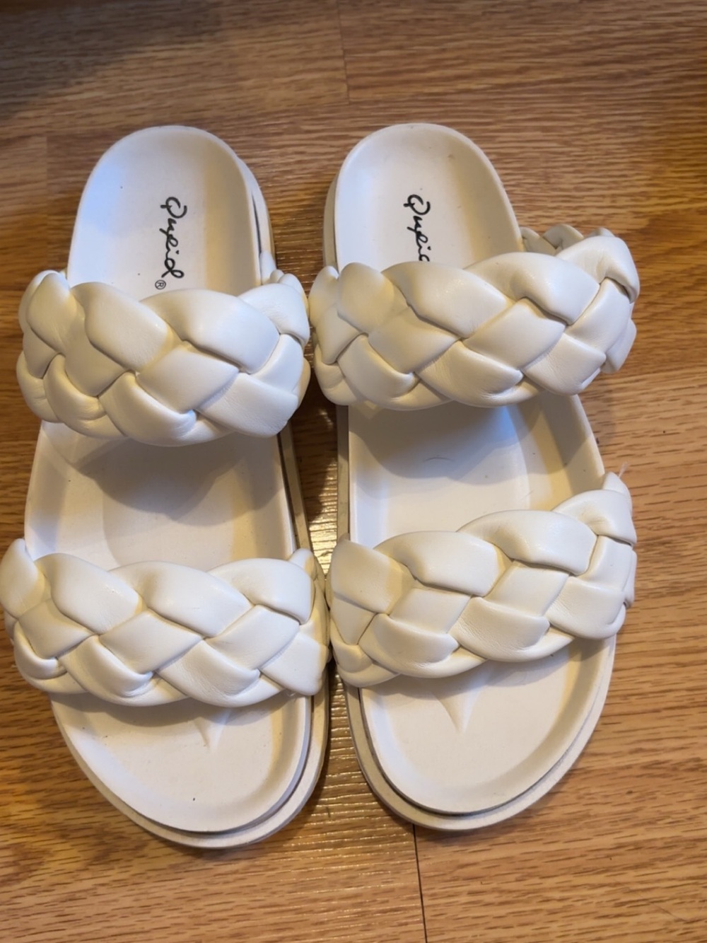 Qupid White Braided Double-Strap Slide Sandals